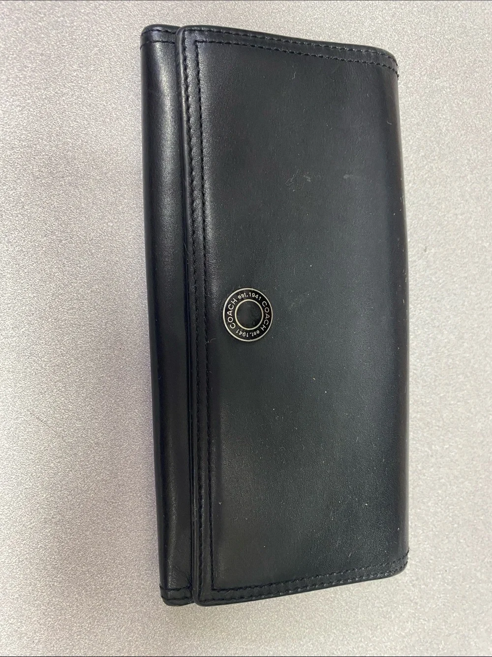 Coach Black Leather Trifold Wallet with Signature Metal Snap